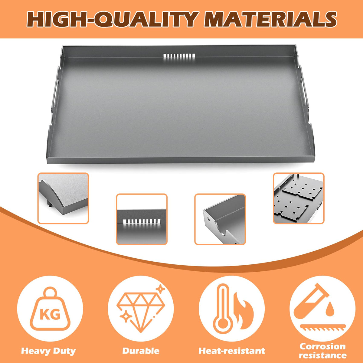MOASKER 28-inch griddle top, side profile, sturdy steel construction for longevity