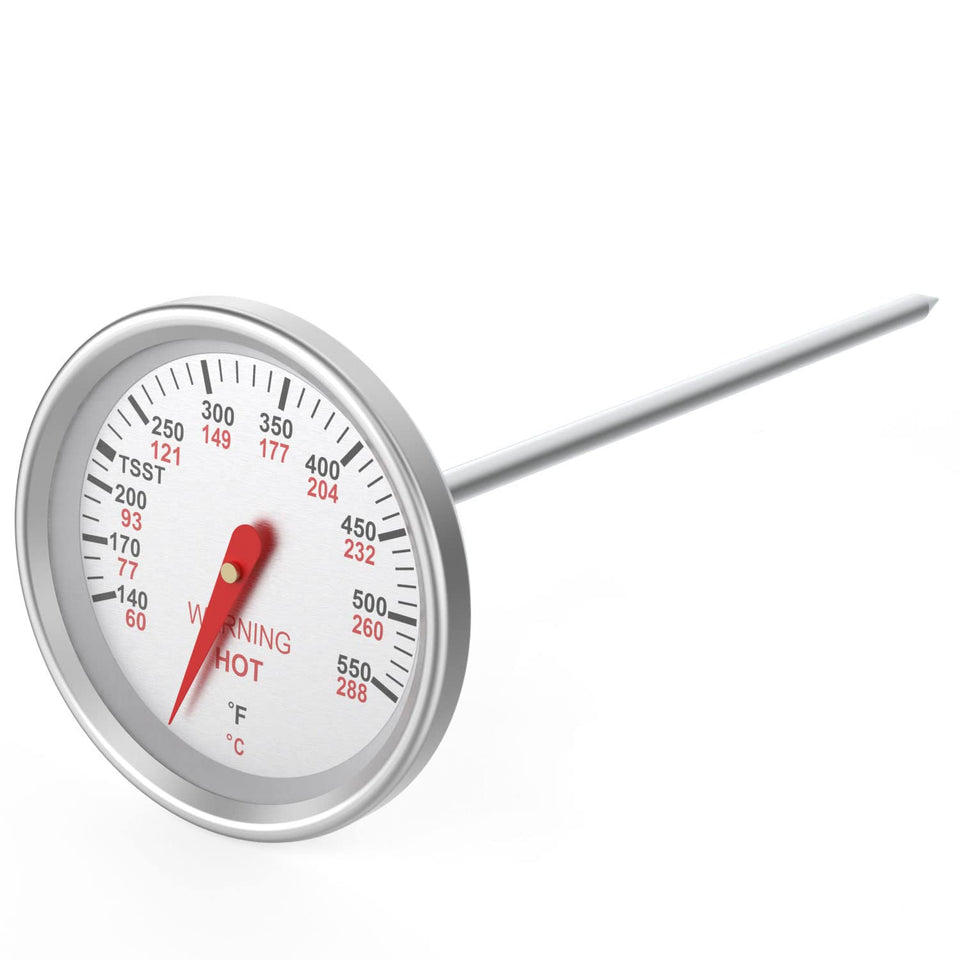 MOASKER 9815 thermometer dial on a stainless steel gauge for precise grilling readouts
