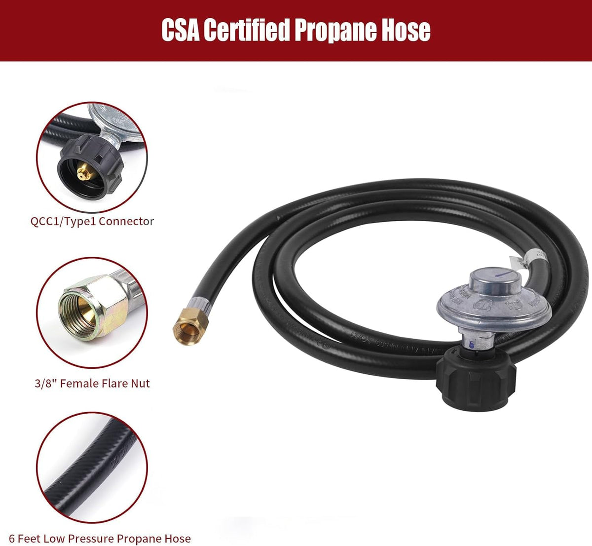 Low-pressure hose assembly delivering steady gas flow for outdoor grills and fire pits.