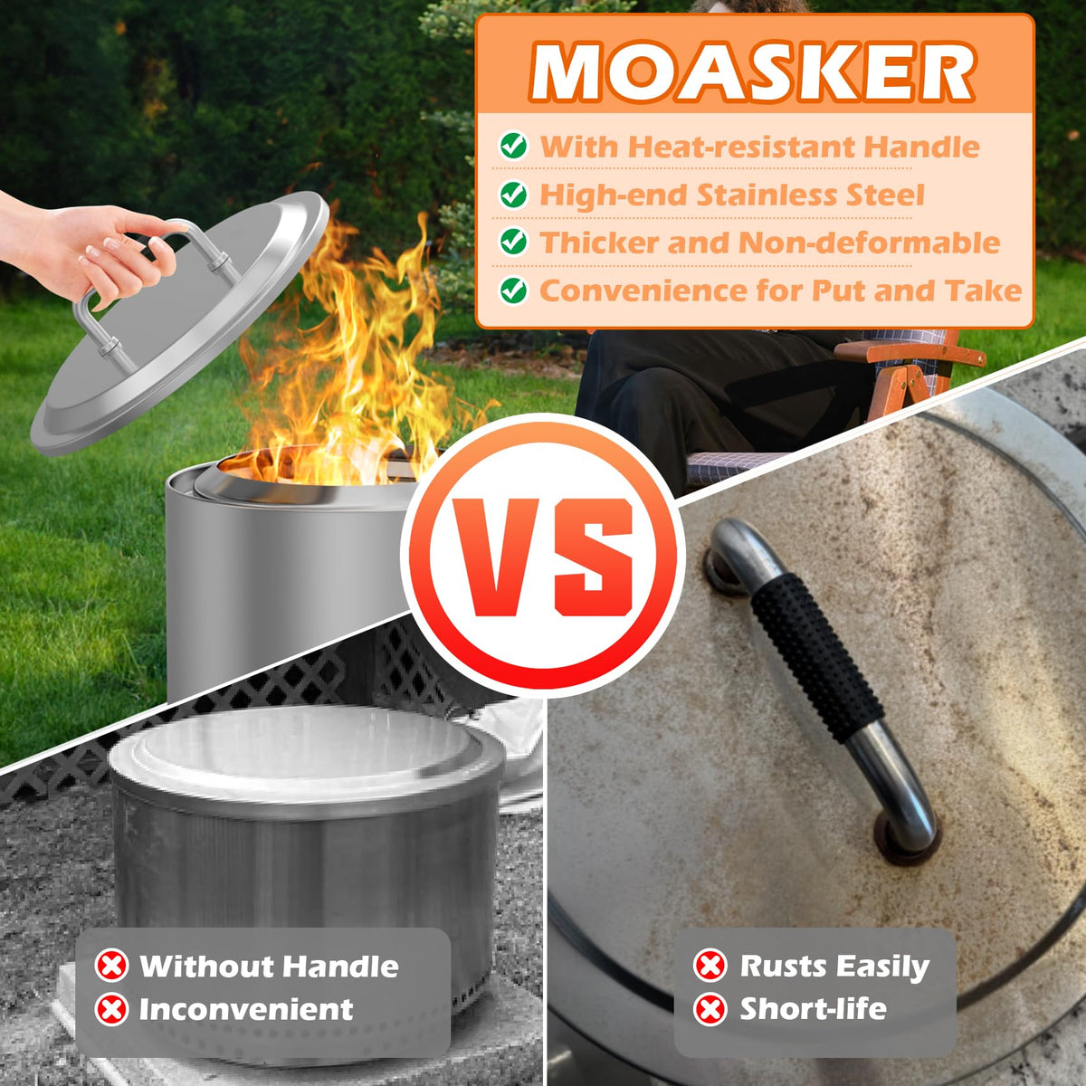 MOASKER lid protects against embers and debris while covering the fire pit