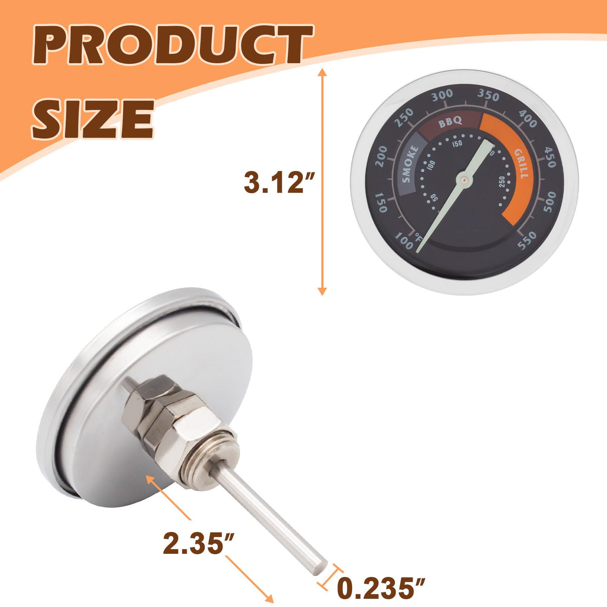 MOASKER stainless steel BBQ thermometer body highlighting durability.