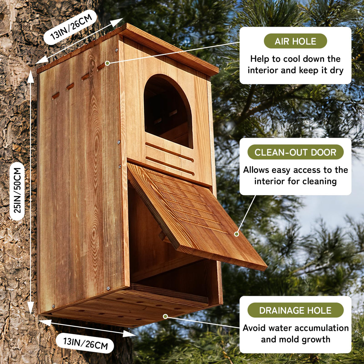 MOBYKE Screech Barred Owl House entrance detail highlighting arched opening for access.