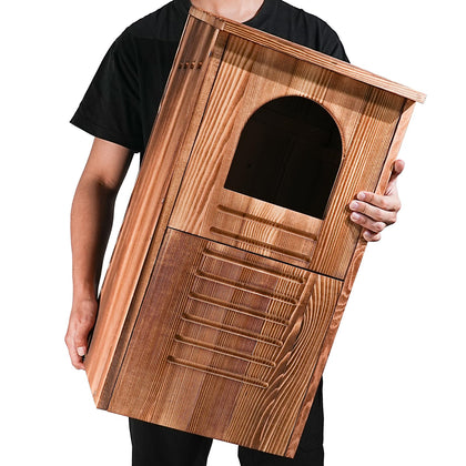 MOBYKE Screech Barred Owl House front view with inviting circular opening.