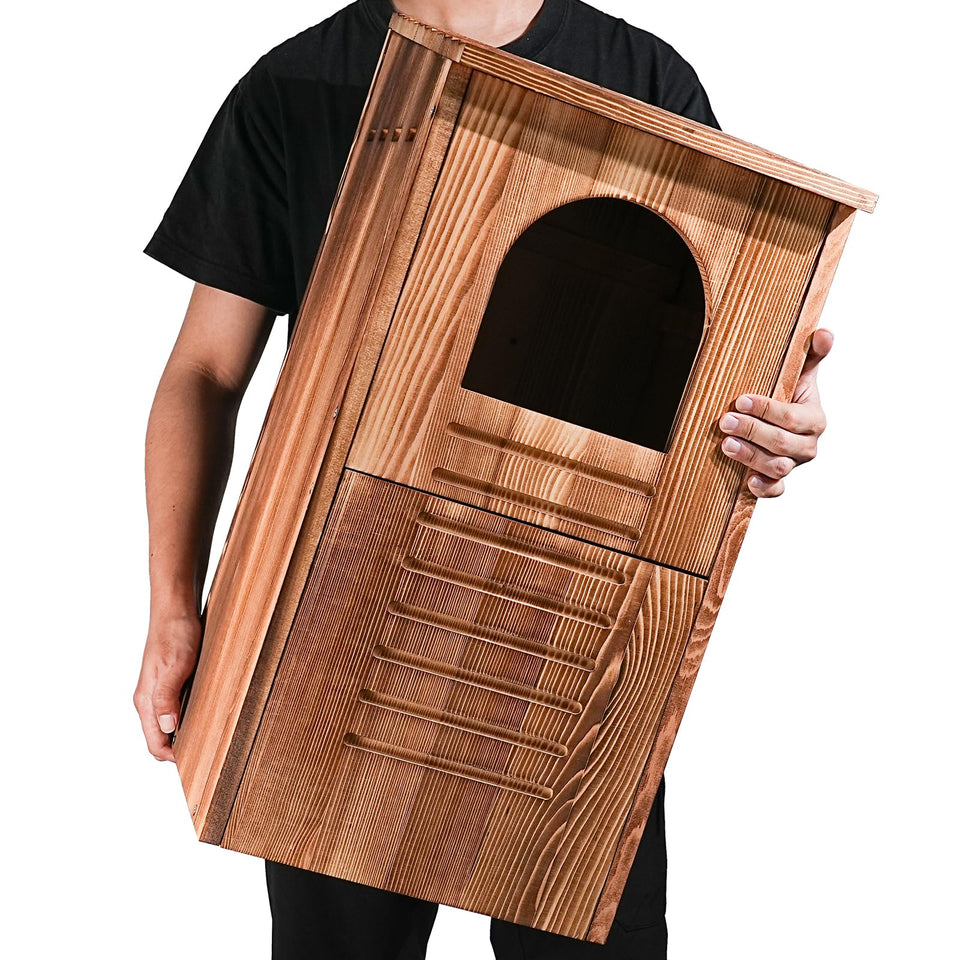 MOBYKE Screech Barred Owl House front view with inviting circular opening.