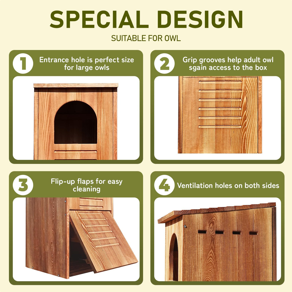 MOBYKE Screech Barred Owl House wood shavings included for nesting material.