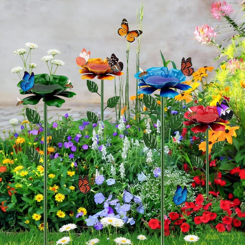 Mocety bee watering station with blue flower design creates a refreshing yard focal point.