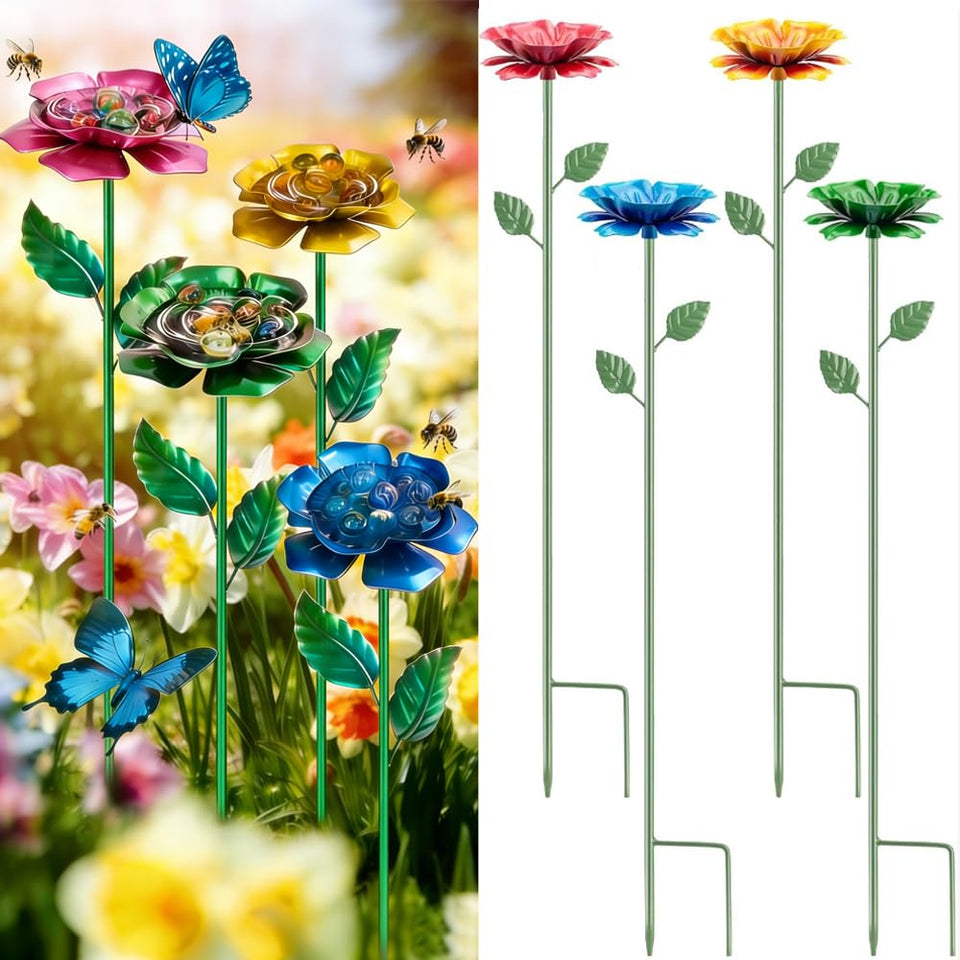 Mocety bee watering station with red flower design attracts pollinators and brightens your garden.