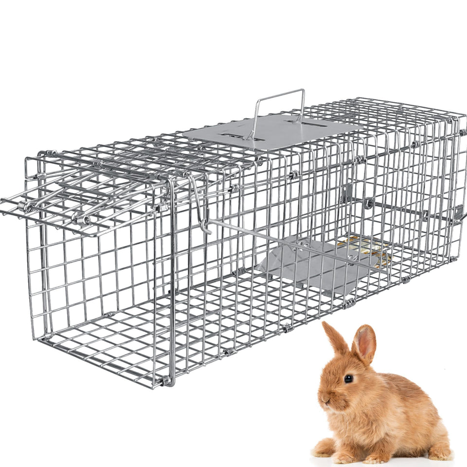 Moclever 24 inch live trap front view showing durable galvanized steel for outdoor use