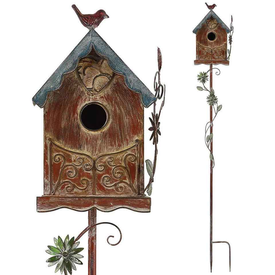 MOCOME baroque cottage bird house stake with decorative scroll door enhances garden charm