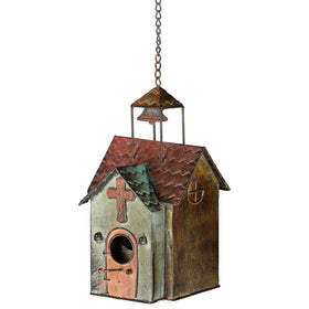 MOCOME bird house outdoor metal church with bell tower offers vintage charm and durability.