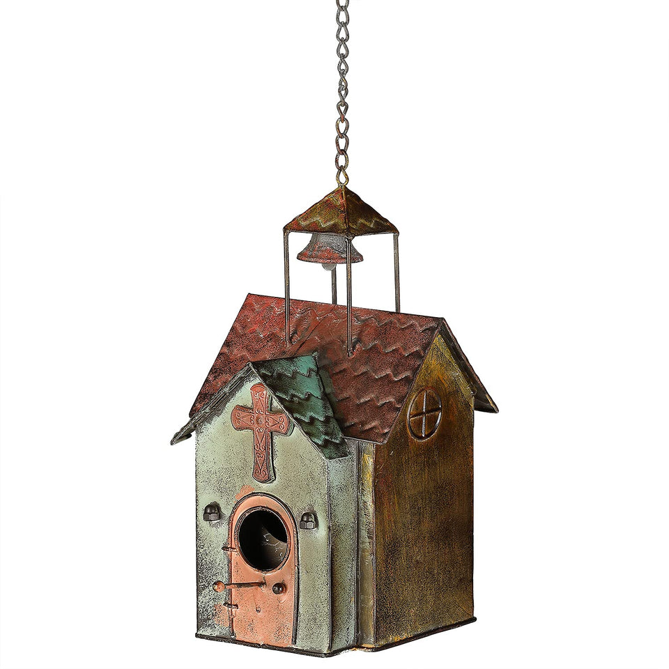 MOCOME bird house outdoor metal church with bell tower offers vintage charm and durability.