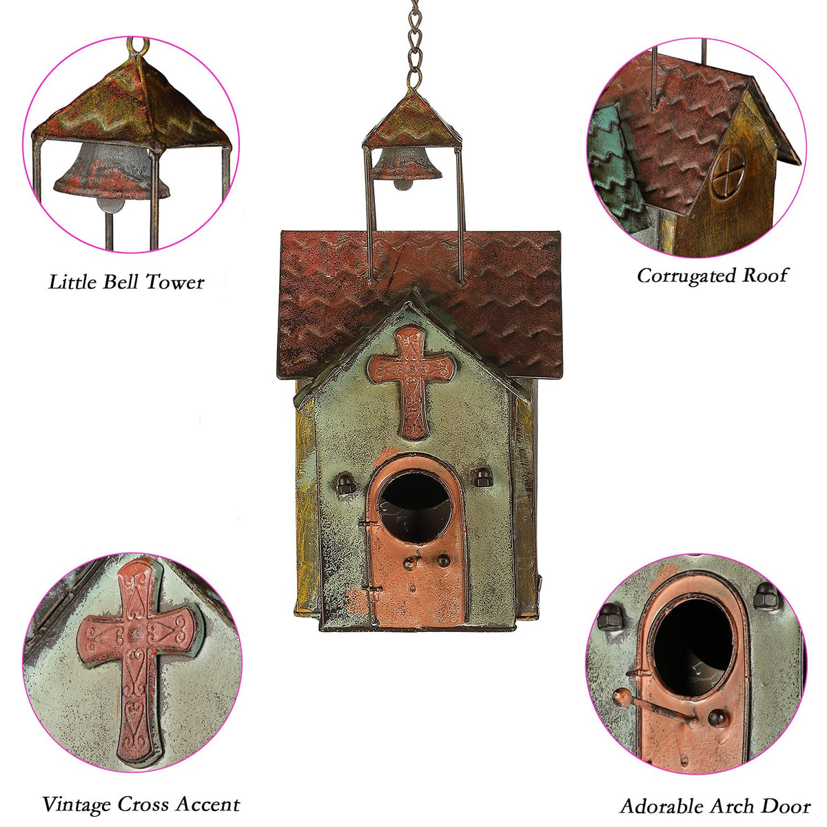 MOCOME bird house outdoor metal church with waved roof enhances curb appeal.