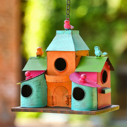 MOCOME large bird house front view, colorful five-compartment design attracting multiple bird species.