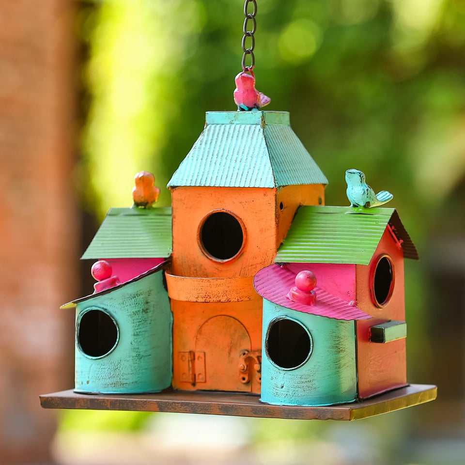 MOCOME large bird house front view, colorful five-compartment design attracting multiple bird species.