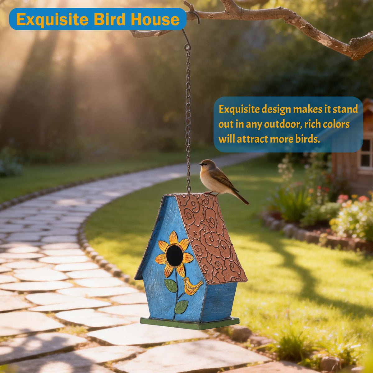 Durable outdoor hanging design comes with a ready-to-display S-hook.