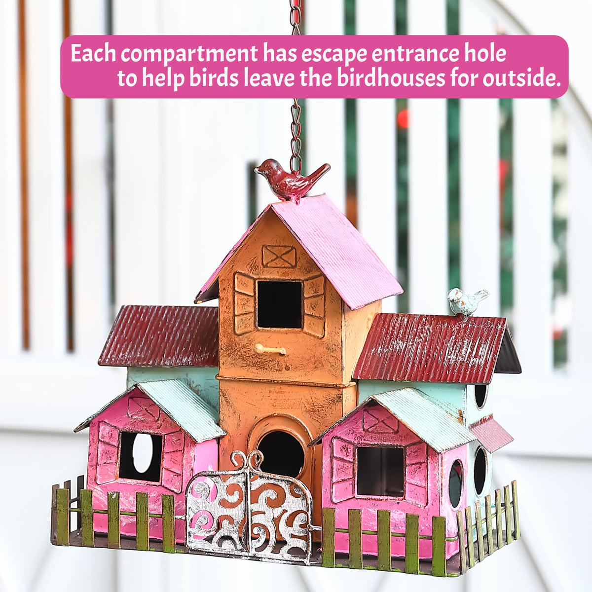MOCOME outdoor hanging bird house with sturdy chain for simple setup.