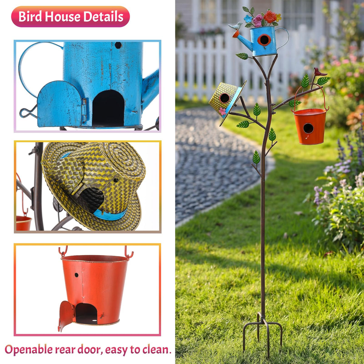 MOCOME sturdy metal bird house on three-prong stake withstands wind
