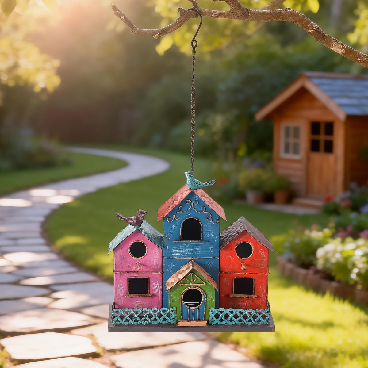 MOCOME vintage metal bird house garden decor with rustic finish