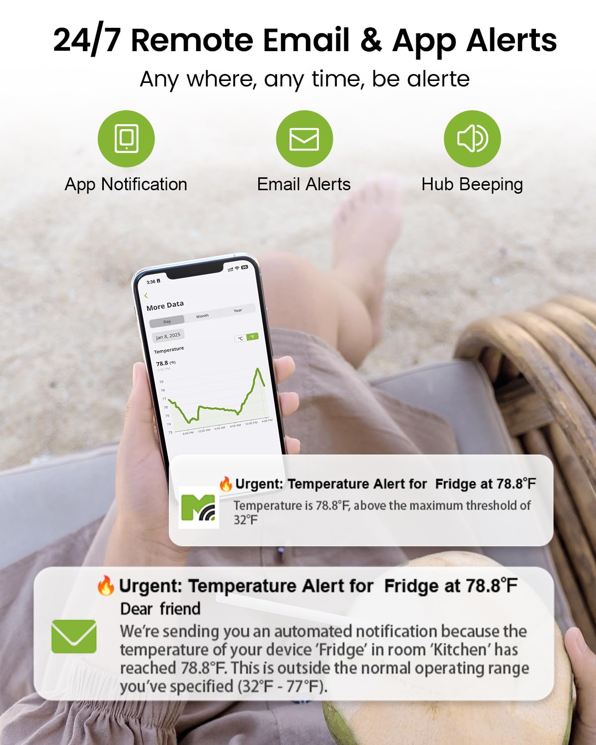 MOCREO LS2 alerts via app, email, and 95 dB hub beep for quick action.