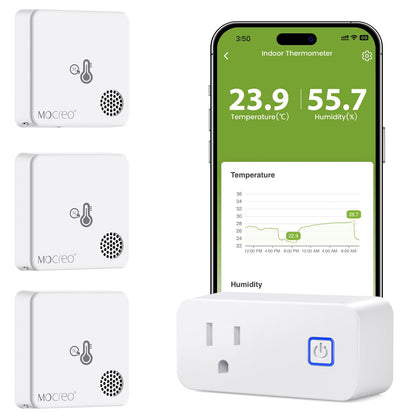 MOCREO WiFi room thermometer hub shows remote readings for home comfort.