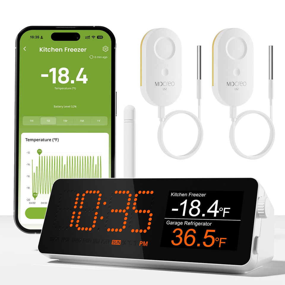 MOCREO WiFi remote thermometer hub display for real-time temperature monitoring.