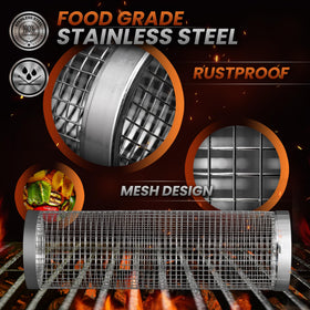 MODAURA rolling grill baskets with 360 rotisserie for even cooking.
