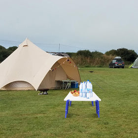 Modern-Depo blue table beside BBQ, stable for utensils