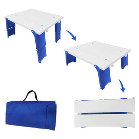 Modern-Depo blue folding beach table unfolded on sand for meals