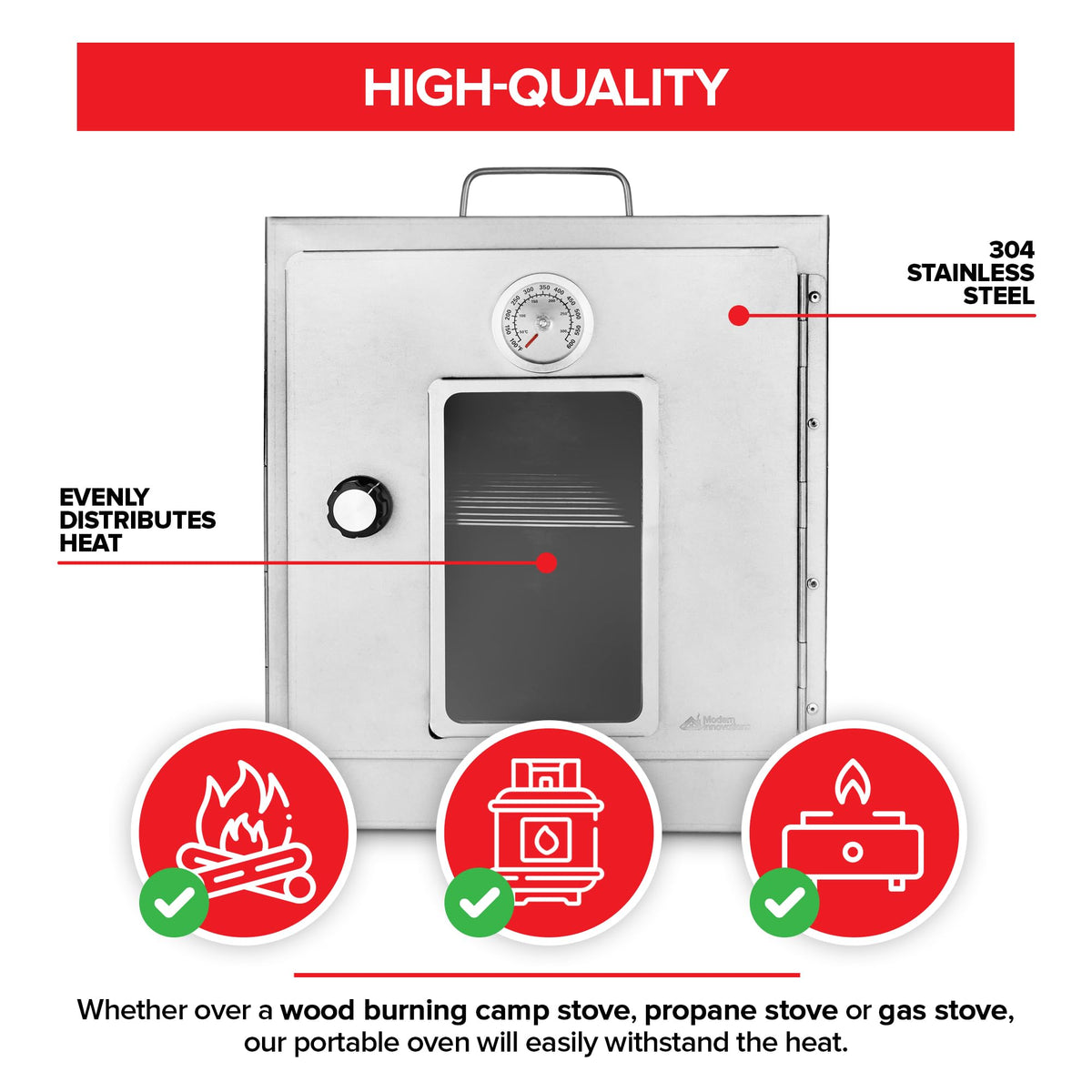 Modern Innovations portable camping oven glass-viewing-window to monitor browning safely