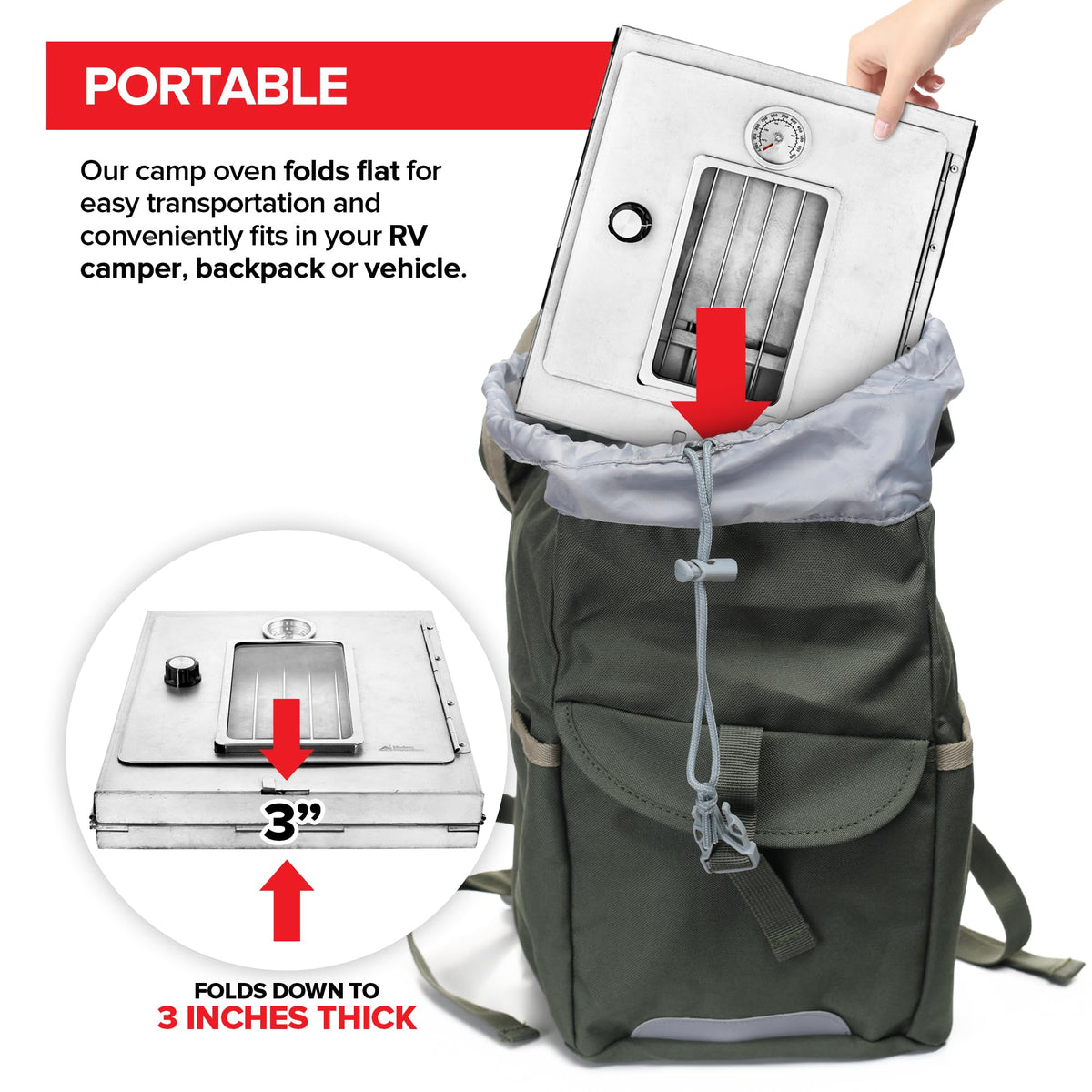 Modern Innovations portable camping oven integrated-thermometer helps gauge progress at a glance