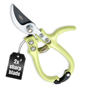 Modern Sprout hand pruner with chartreuse bypass blade for precise cuts.