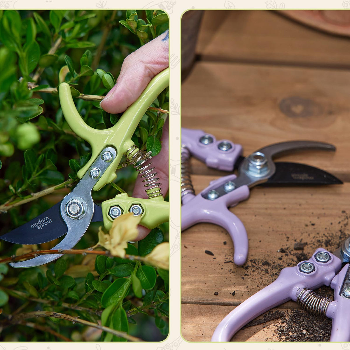 Modern Sprout pruner rust-resistant carbon steel for outdoor use.