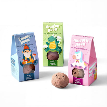 Modern Sprout Wildflower Seed Ball Poops dragon design ideal for playful gift packaging and kids’ gardens
