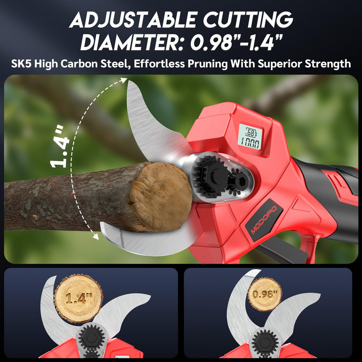 Modofo brushless motor delivers strong, reliable cuts for thick branches.