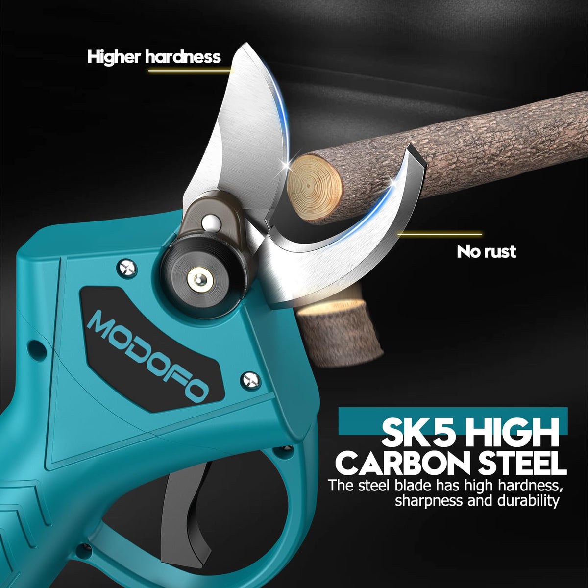 MODOFO pruning shears battery compartment showing dual 21V batteries