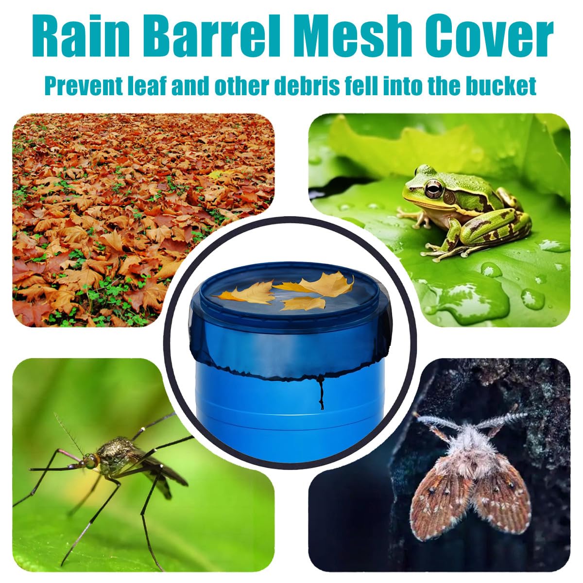 MODOSON rain barrel mesh cover drawstring close-up shows secure fit