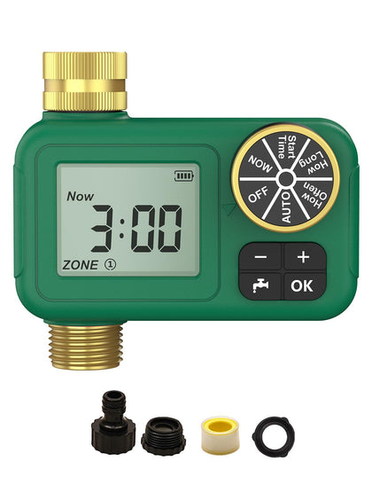 MOES 1-zone water timer with brass inlet and outlet for durable outdoor irrigation.