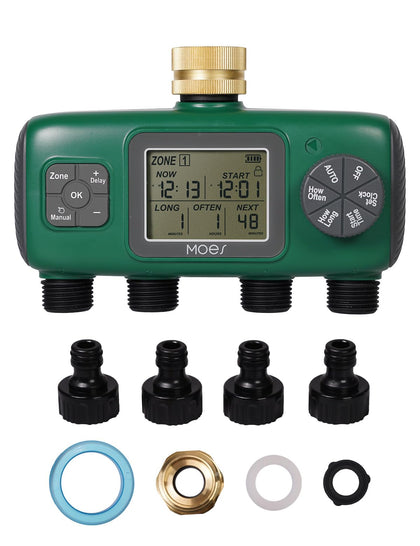 MOES 4-outlet sprinkler timer with brass inlet for multi-zone irrigation control