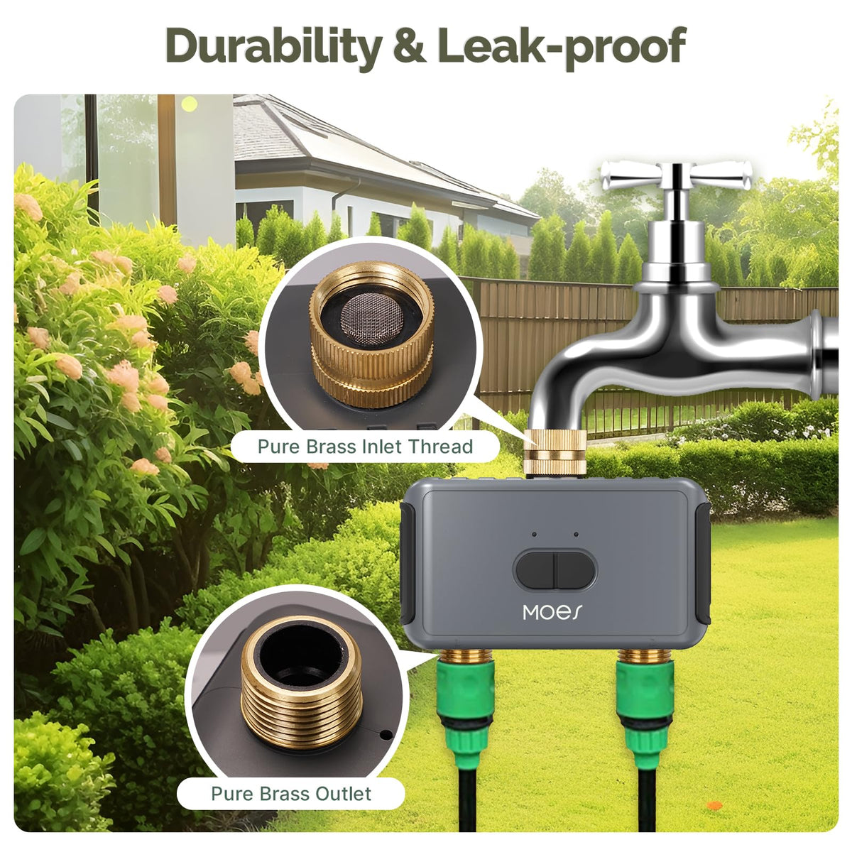 MOES brass inlet-outlet timer highlights durable outdoor hardware.