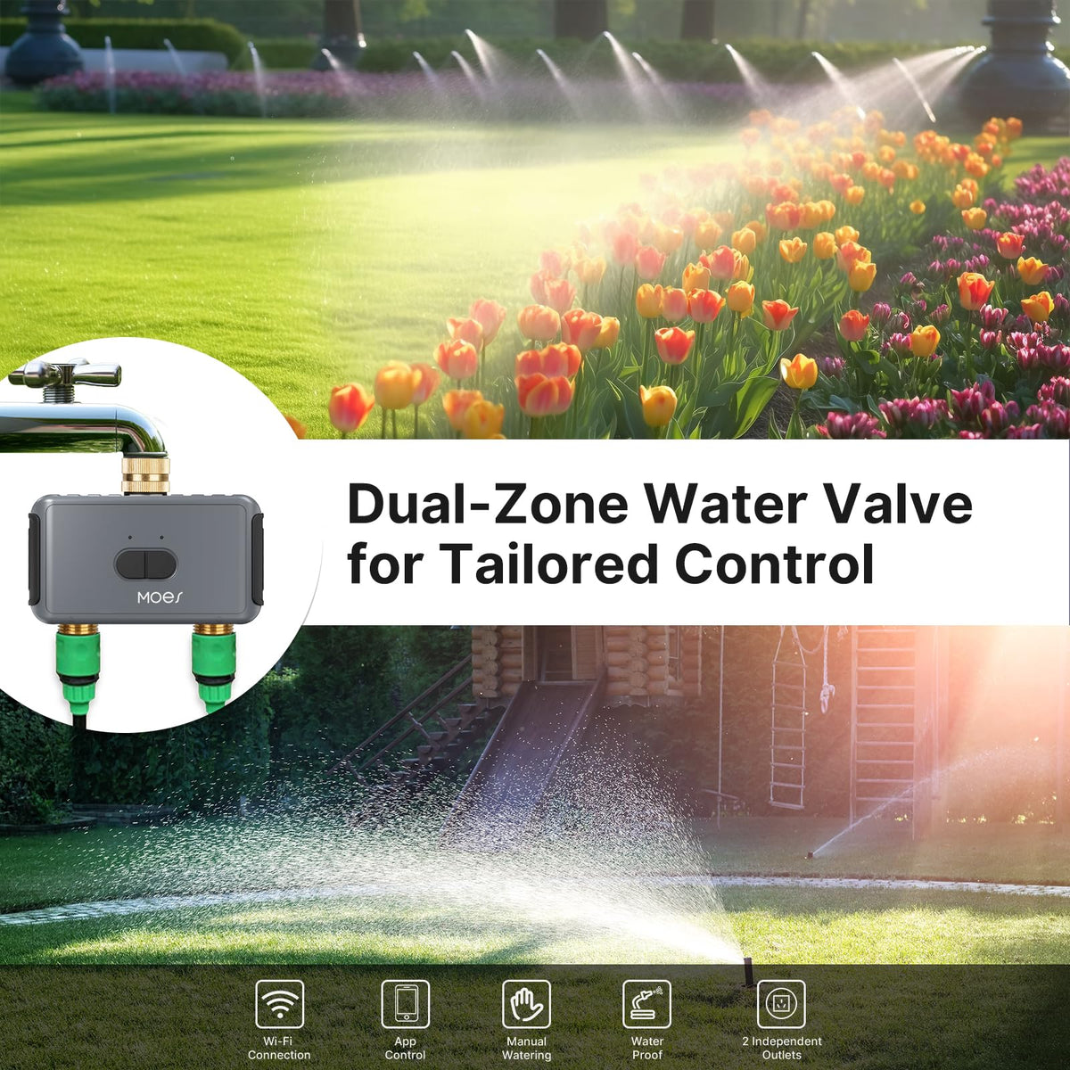 MOES dual-zone irrigation control with scheduling via app.