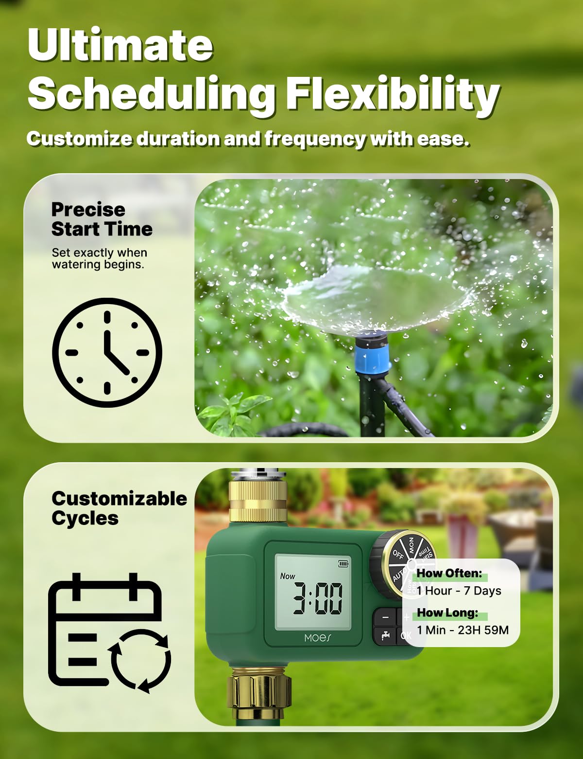 MOES high-flow valve channel design preserves water pressure for broad coverage.