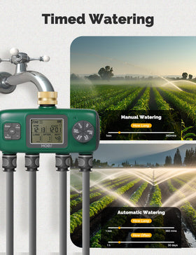 MOES quad-zone programming panel shows programmable watering times for efficient garden scheduling