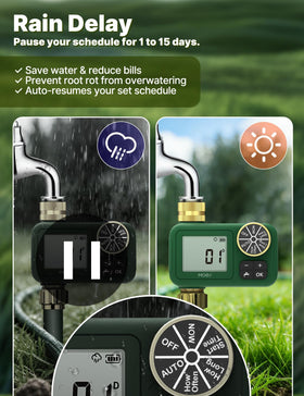 MOES rain delay feature helps prevent overwatering during rain.