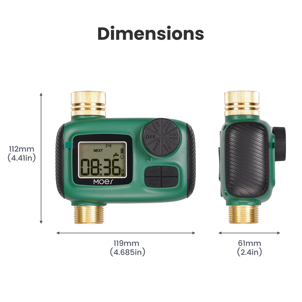 MOES timer shown compatible with gardens, lawns, greenhouses and hose systems