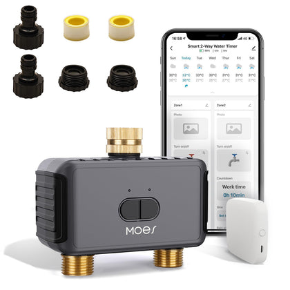MOES WiFi sprinkler timer with dual outlets enabling remote control of two zones.