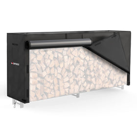 MOFEEZ 8ft firewood cover, front view showing full protection and overhang