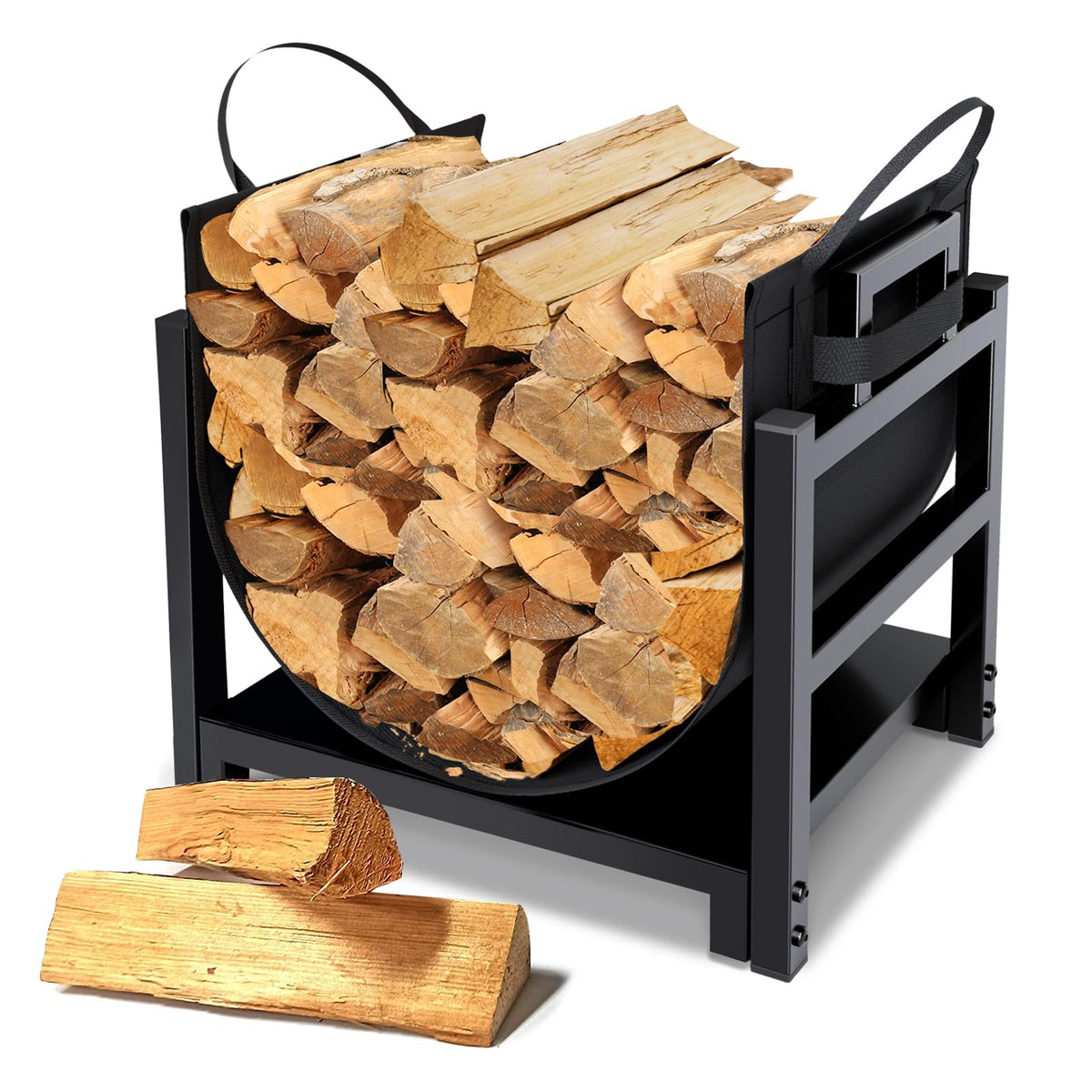 MOFEEZ firewood rack indoor side view highlights compact near-fire storage
