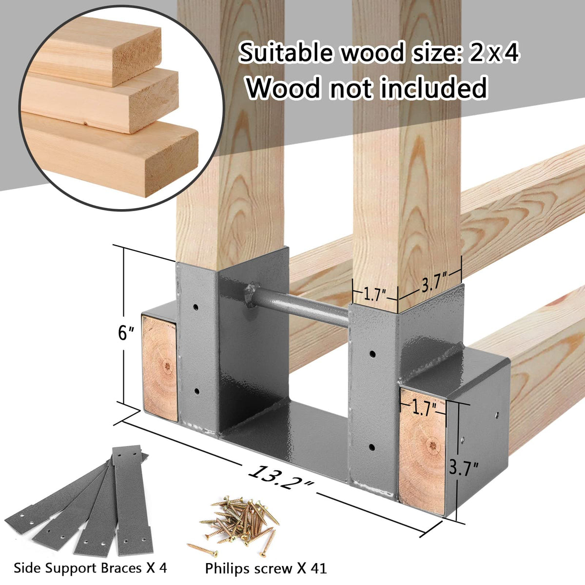 MOFEEZ log-storage brackets show 2x4 compatibility for versatile wood storage