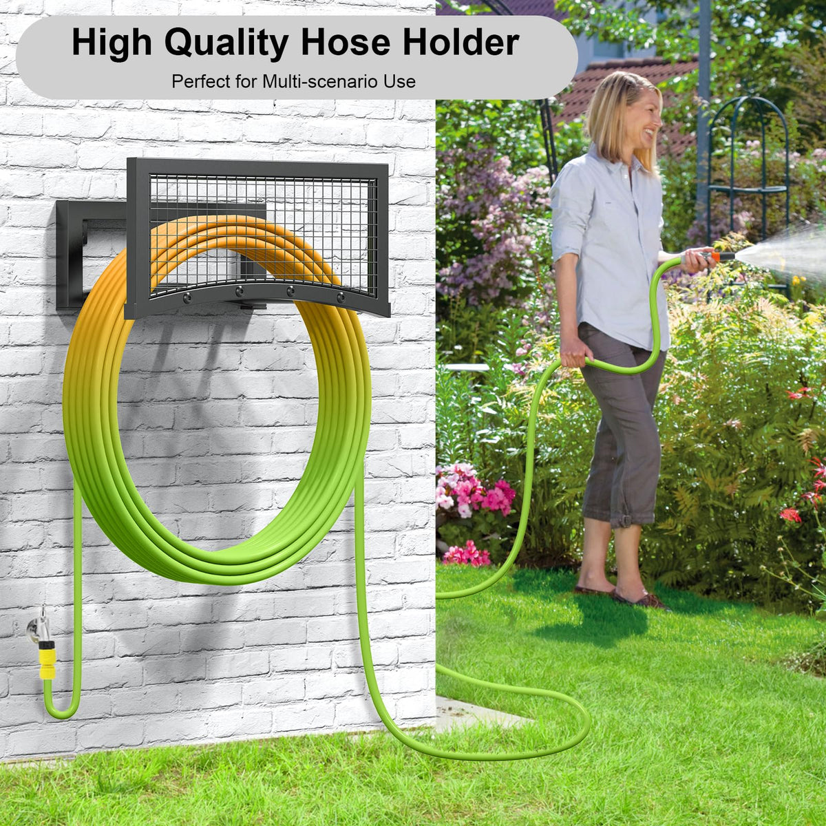 Mogaath outdoor hose storage organized on a wall in a garden