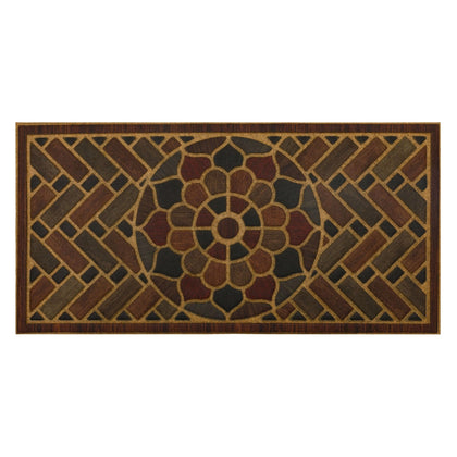 Mohawk Home Medallion Grain door mat grooved surface traps dirt and moisture.